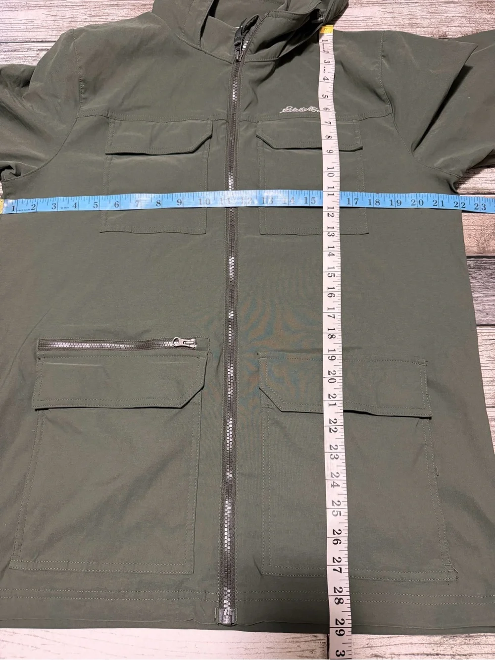 Eddie Bauer Travex Utility Hiking Jacket Men’s L Green Stow Away Hood Full Zip